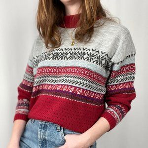 Vintage Nordic Fair Isle Wool Oversized Knit Crew Neck Sweater Made In Italy